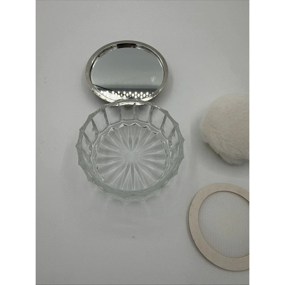 Ornate Silver-Plated Lid Glass Powder Jar with Powder Puff, Silver-Plated Metal